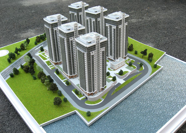 Изготовление макетов зданий - общий вид макета жилого комплекса "Речной".